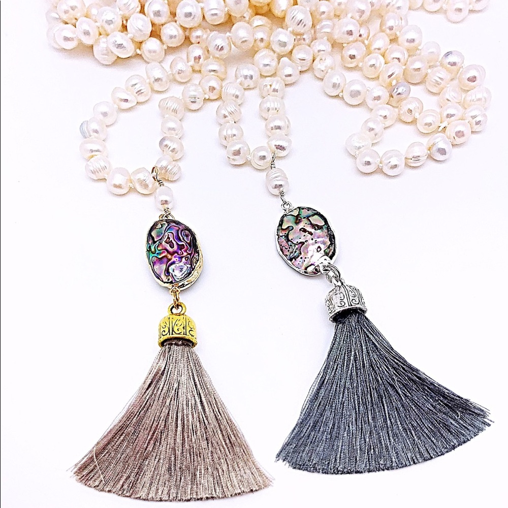 White Freshwater Pearls Abalone Tassel Necklace